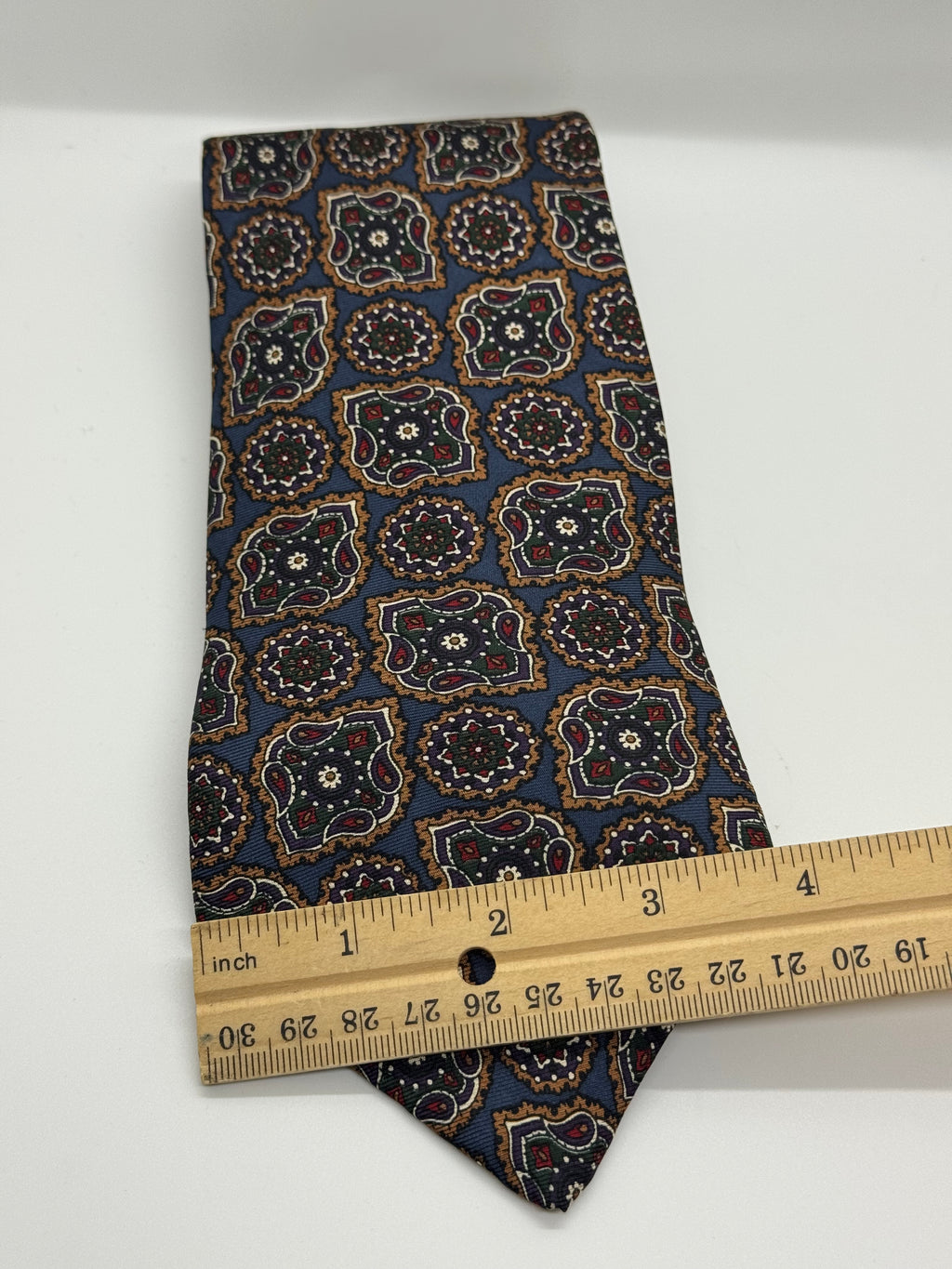 J.G. Hook Vintage Medallion Silk Tie – Navy & Olive Geometric Print