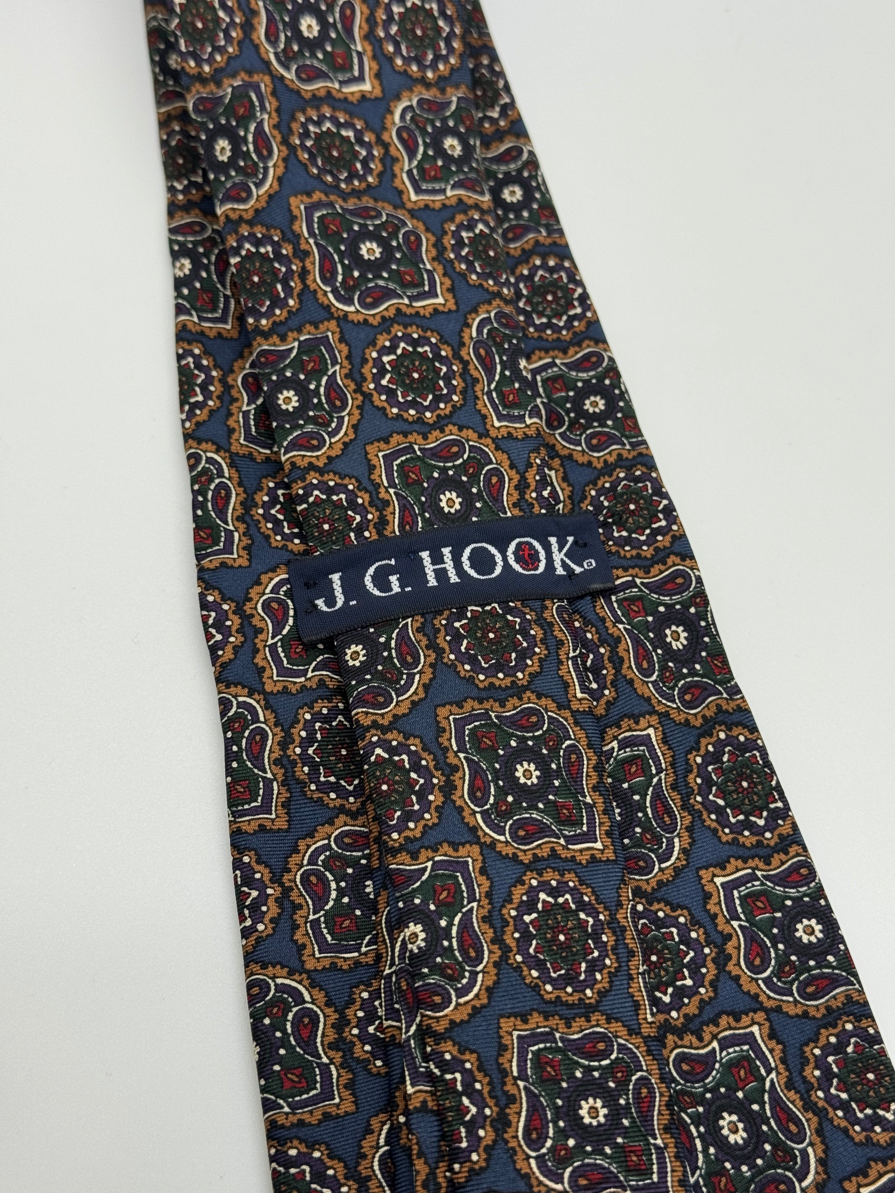 J.G. Hook Vintage Medallion Silk Tie – Navy & Olive Geometric Print