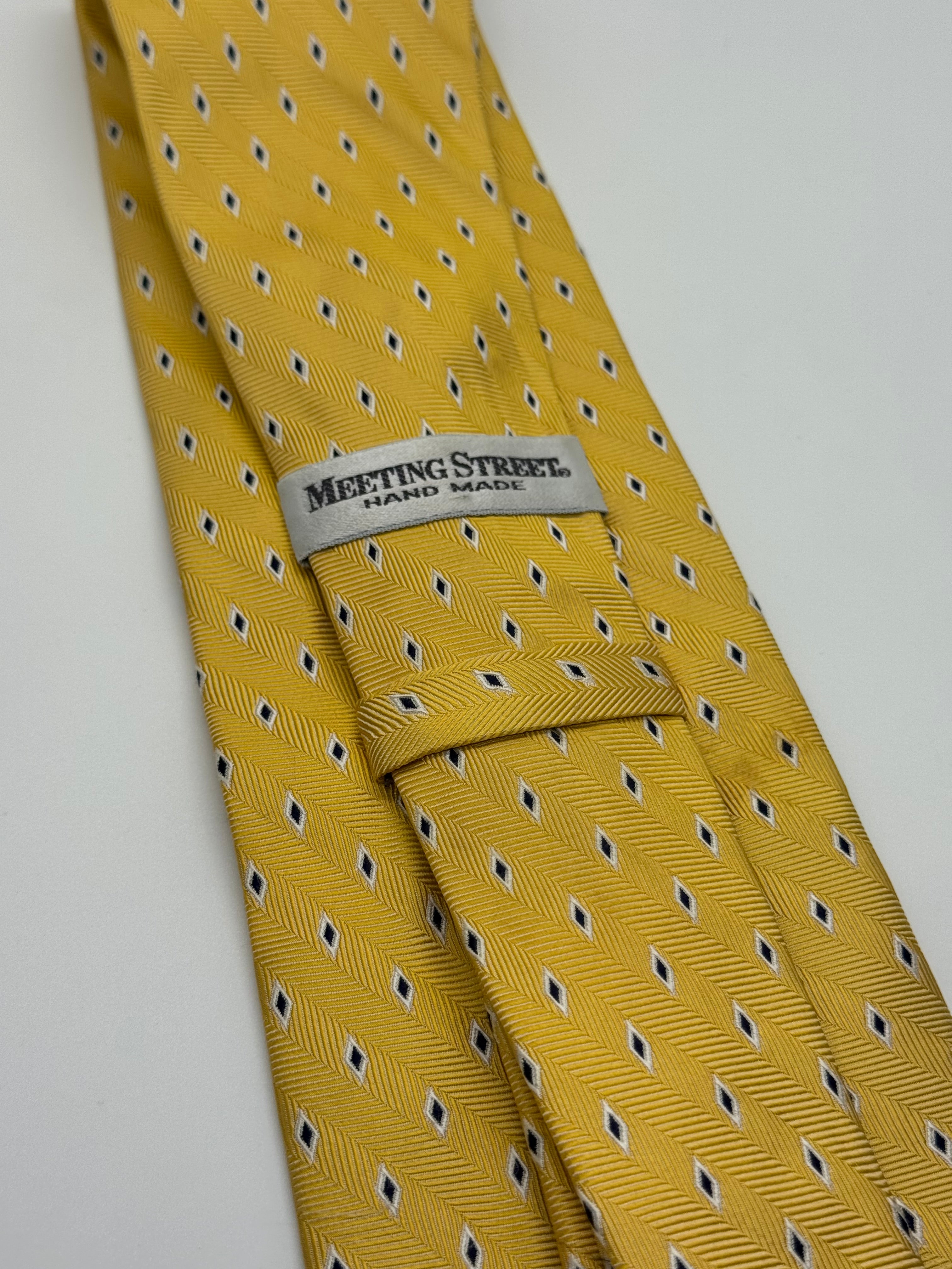 Meeting Street Hand Made Gold Herringbone Silk Tie with Diamond Motif