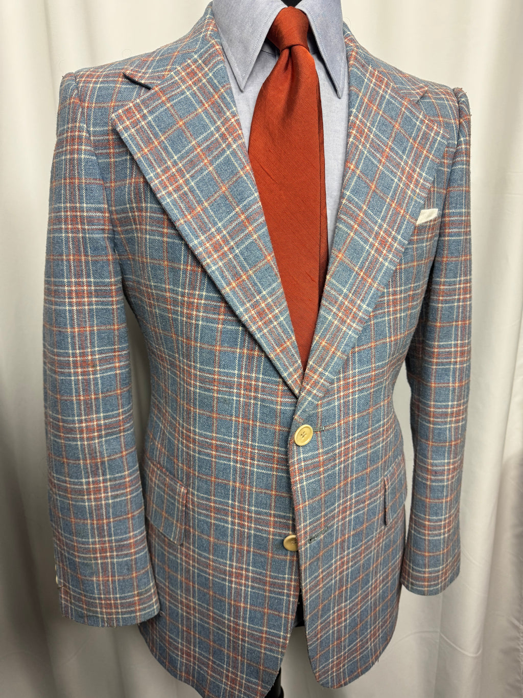 Vintage Stanley Blacker for Bullock’s Windowpane Sport Coat – Blue & Rust Plaid Blazer – Approx 42R