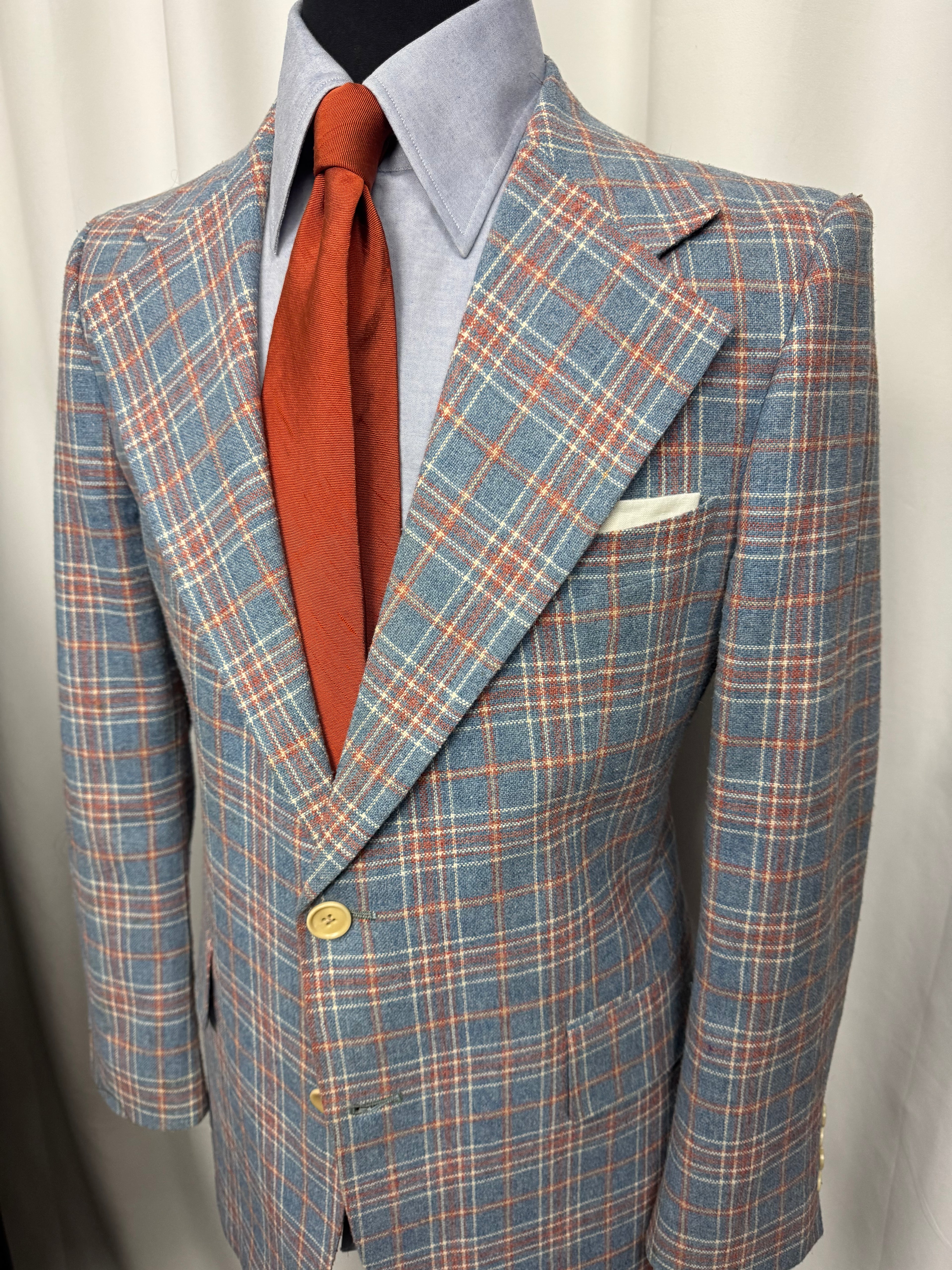 Vintage Stanley Blacker for Bullock’s Windowpane Sport Coat – Blue & Rust Plaid Blazer – Approx 42R