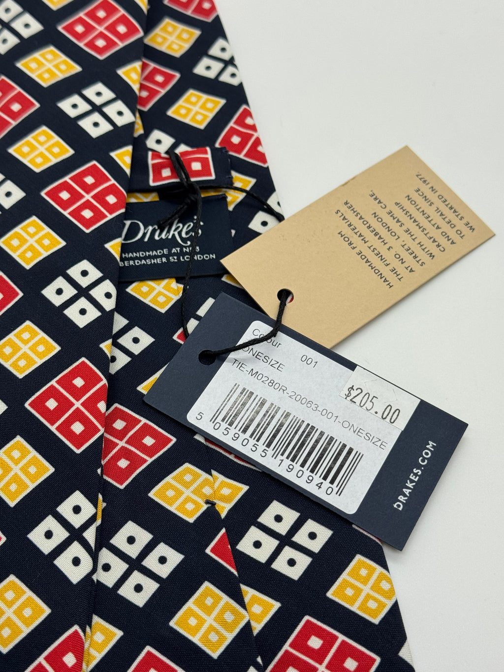 Drake’s London Untipped Silk Tie – Navy Geometric Motif – NWT – Handmade in England