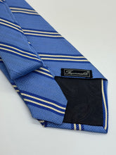 Load image into Gallery viewer, Faconnable Silk Tie – Light Blue with Navy &amp; Cream Stripes
