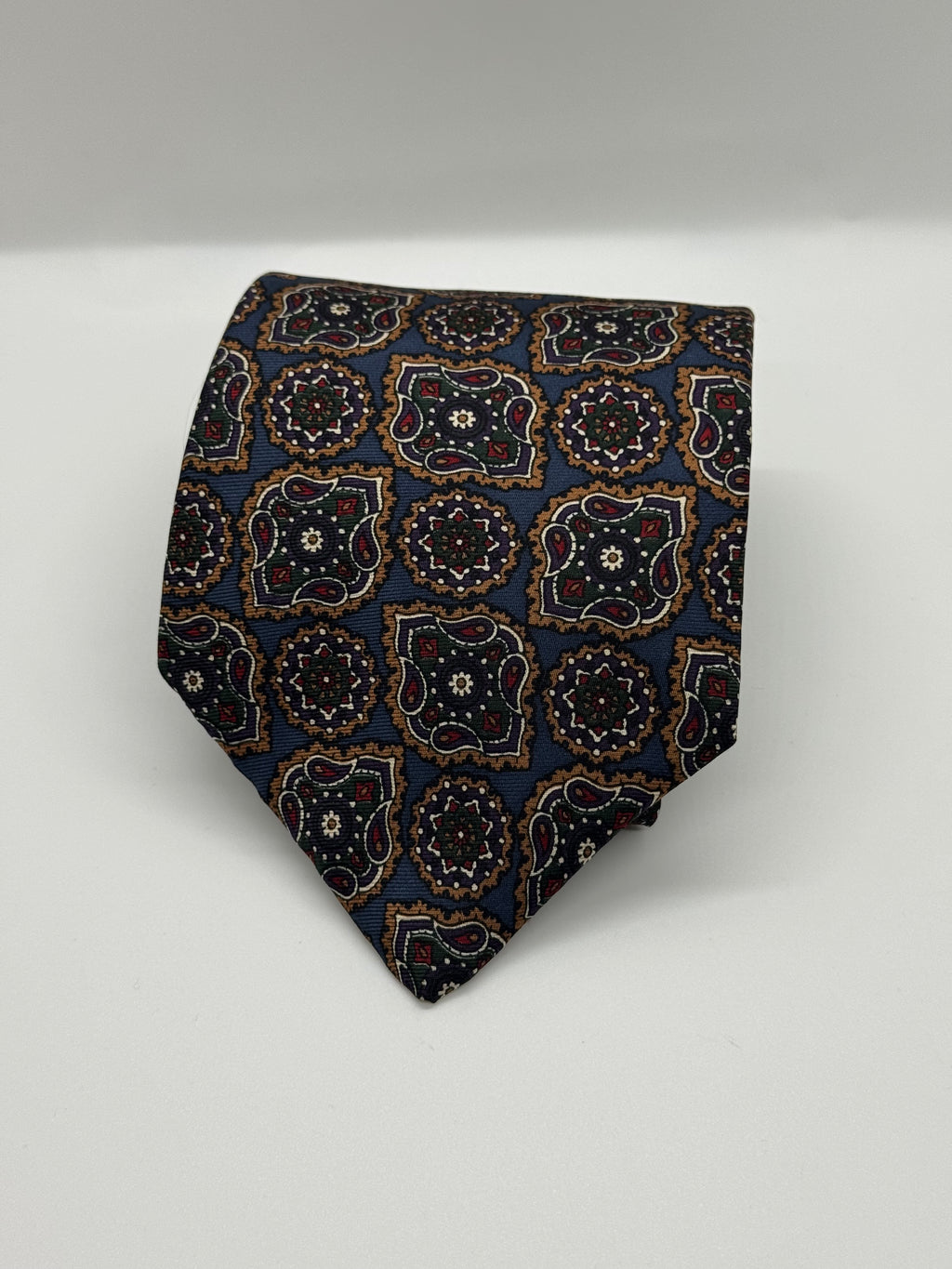J.G. Hook Vintage Medallion Silk Tie – Navy & Olive Geometric Print