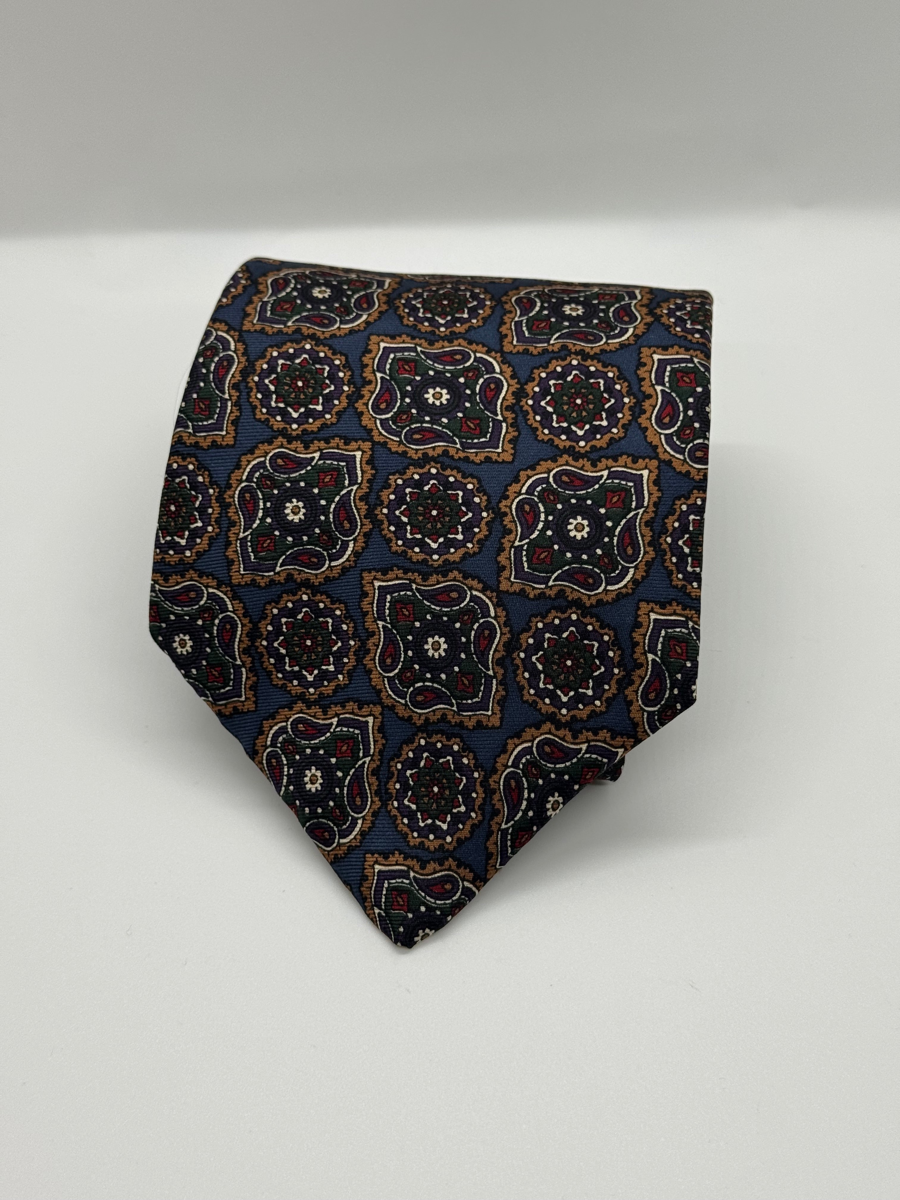 J.G. Hook Vintage Medallion Silk Tie – Navy & Olive Geometric Print