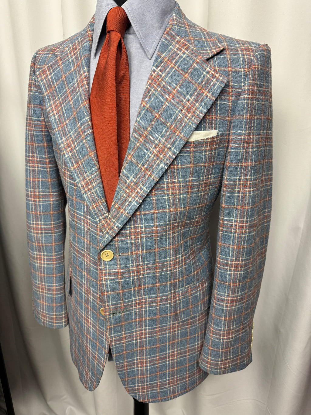 Vintage Stanley Blacker for Bullock’s Windowpane Sport Coat – Blue & Rust Plaid Blazer – Approx 42R