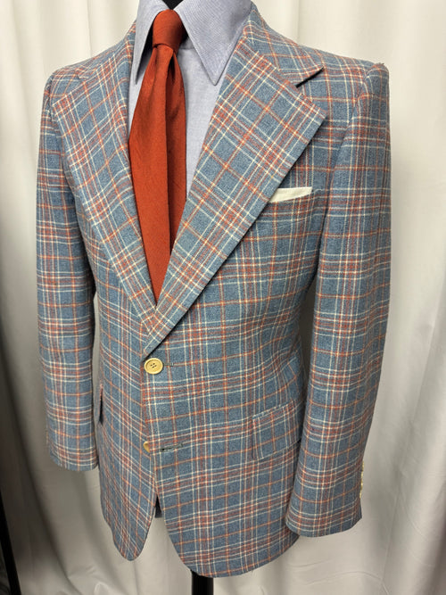 Vintage Stanley Blacker for Bullock’s Windowpane Sport Coat – Blue & Rust Plaid Blazer – Approx 42R