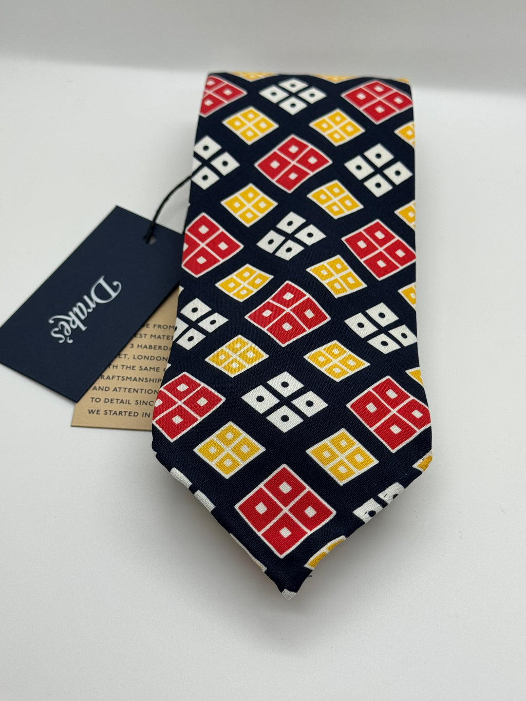 Drake’s London Untipped Silk Tie – Navy Geometric Motif – NWT – Handmade in England