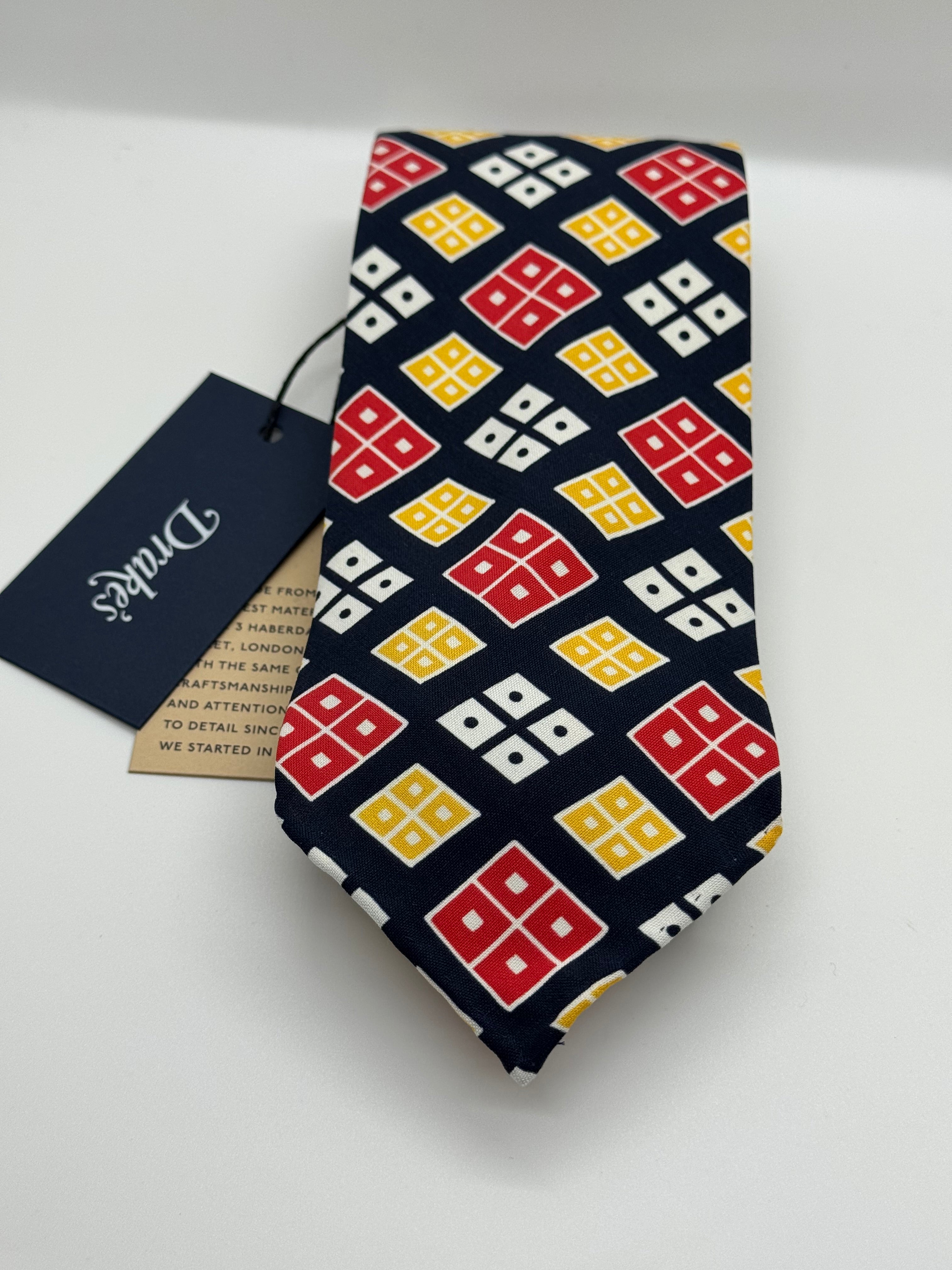 Drake’s London Untipped Silk Tie – Navy Geometric Motif – NWT – Handmade in England