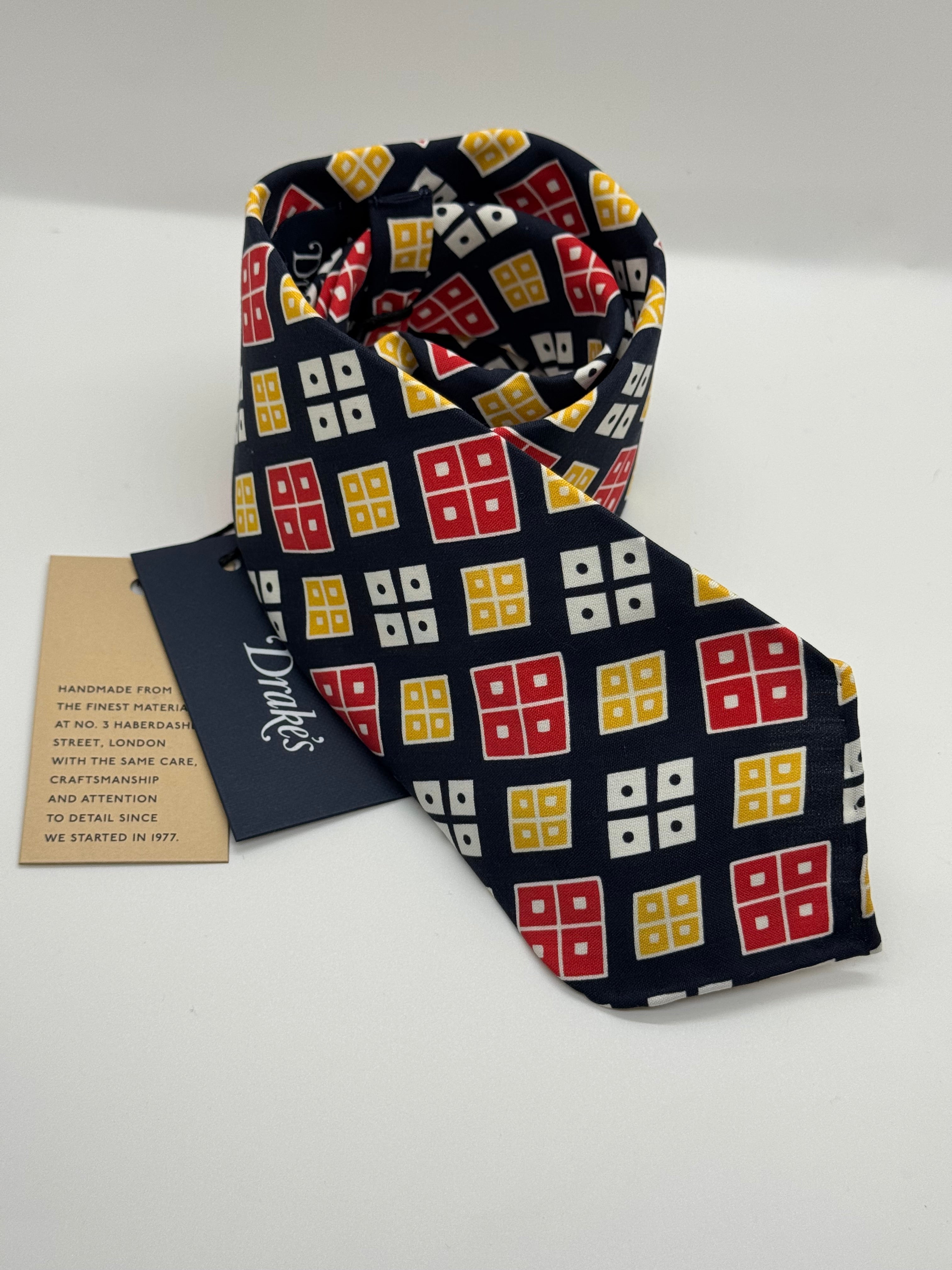 Drake’s London Untipped Silk Tie – Navy Geometric Motif – NWT – Handmade in England