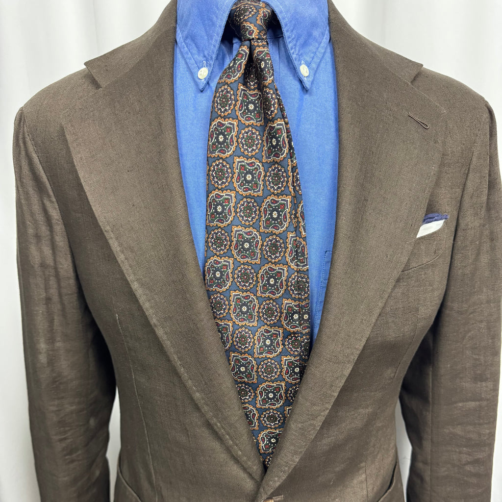 J.G. Hook Vintage Medallion Silk Tie – Navy & Olive Geometric Print