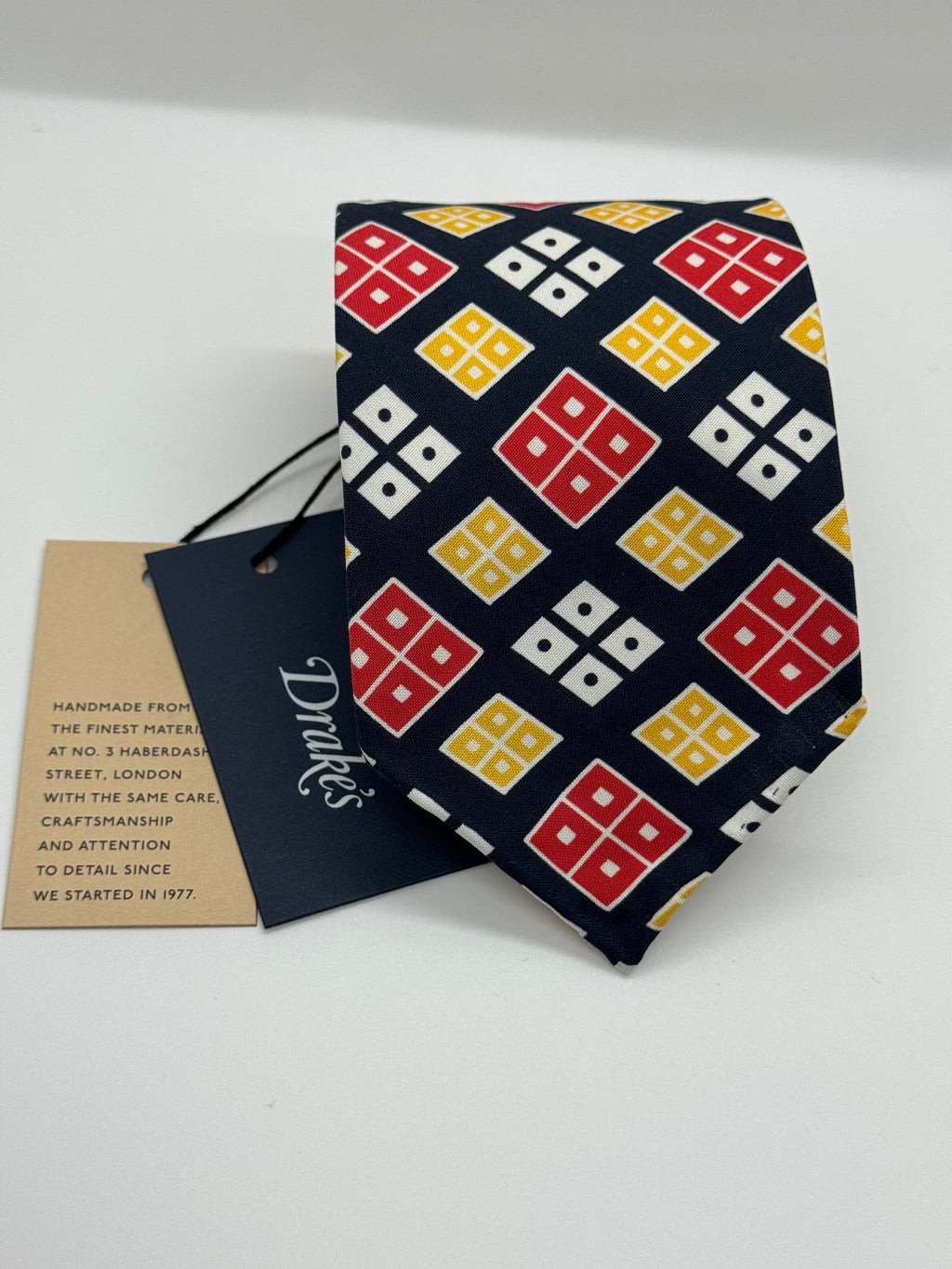 Drake’s London Untipped Silk Tie – Navy Geometric Motif – NWT – Handmade in England