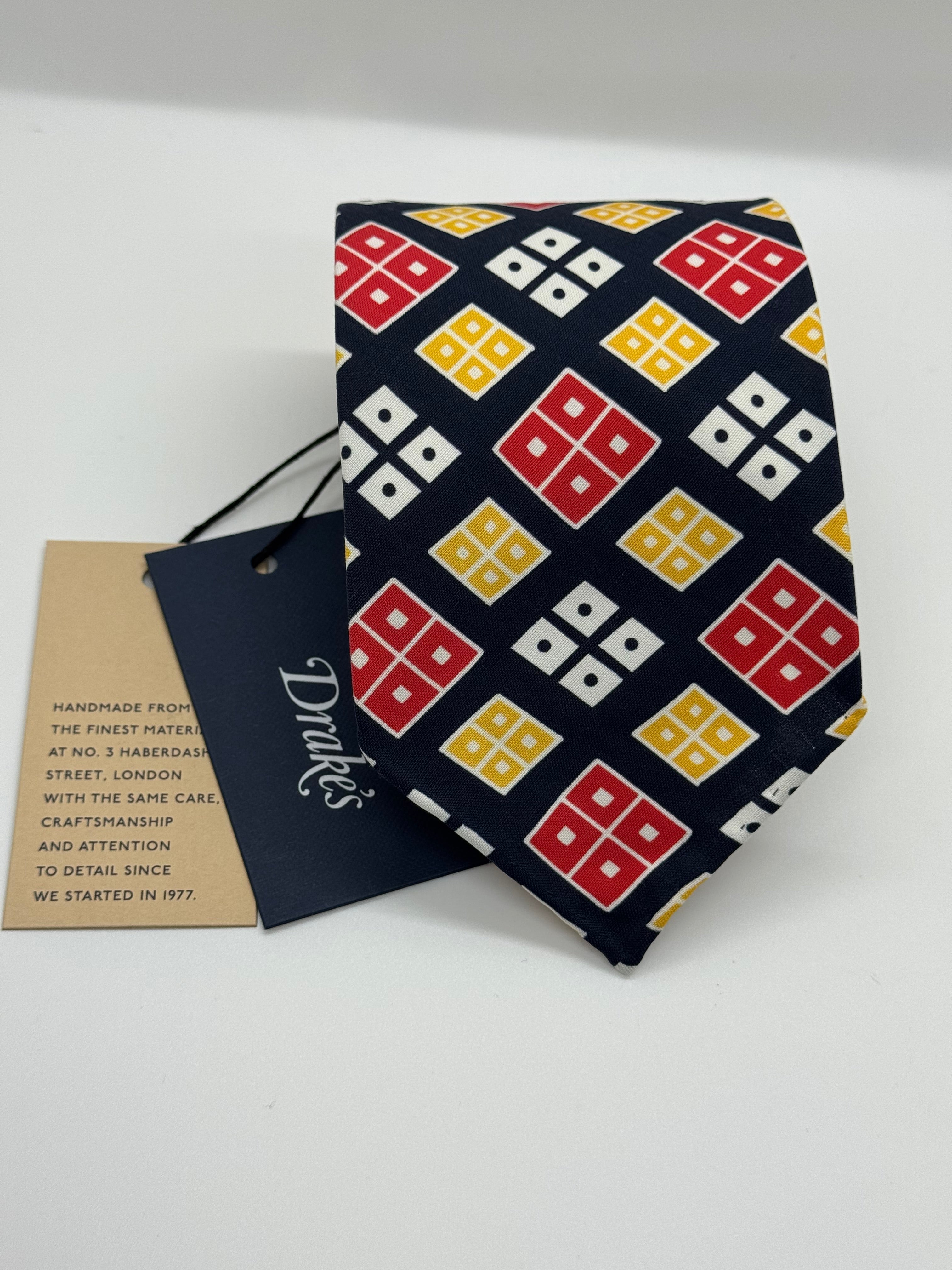 Drake’s London Untipped Silk Tie – Navy Geometric Motif – NWT – Handmade in England