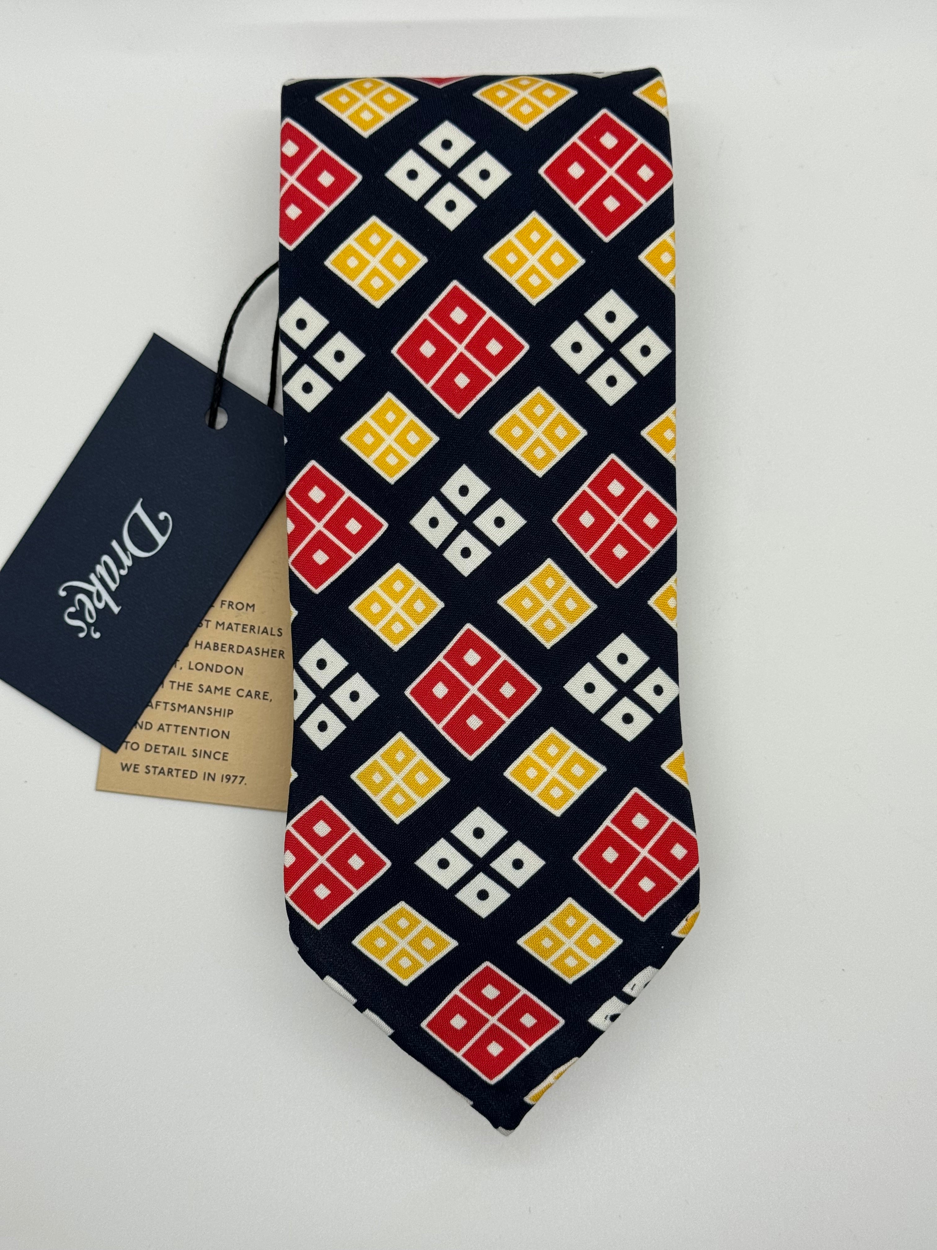 Drake’s London Untipped Silk Tie – Navy Geometric Motif – NWT – Handmade in England