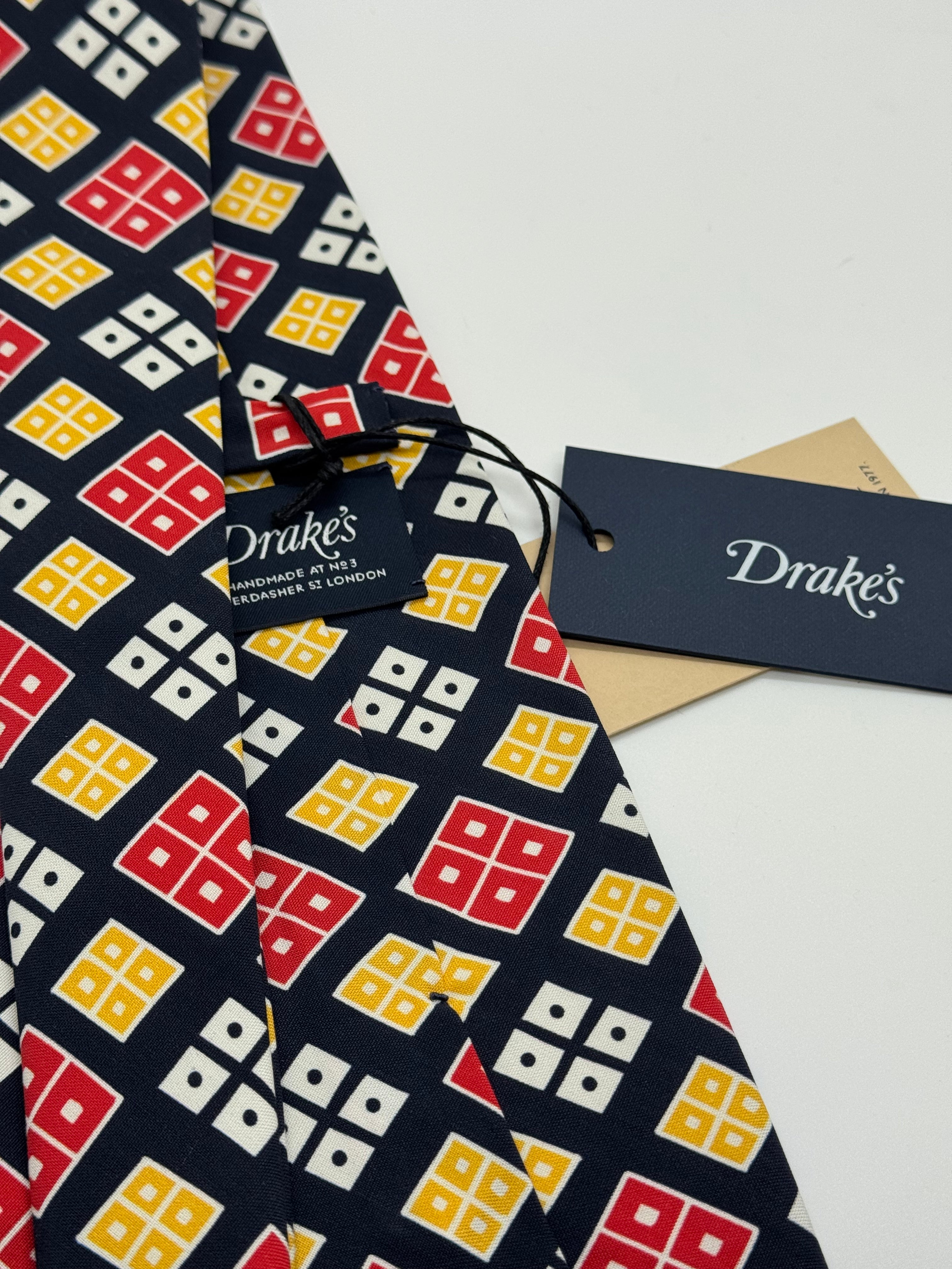 Drake’s London Untipped Silk Tie – Navy Geometric Motif – NWT – Handmade in England