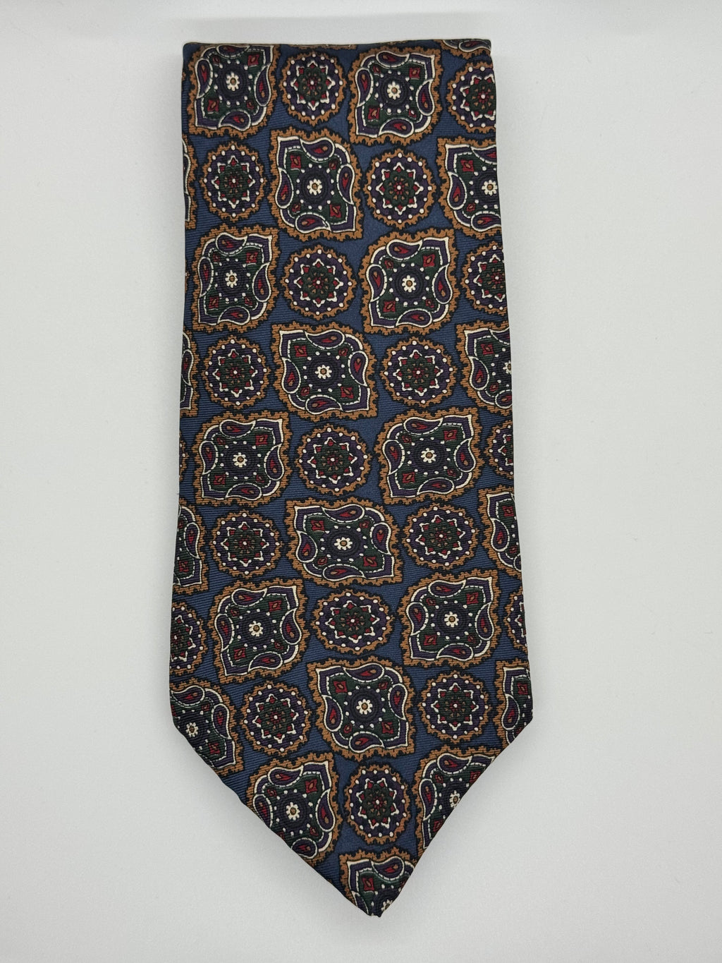 J.G. Hook Vintage Medallion Silk Tie – Navy & Olive Geometric Print
