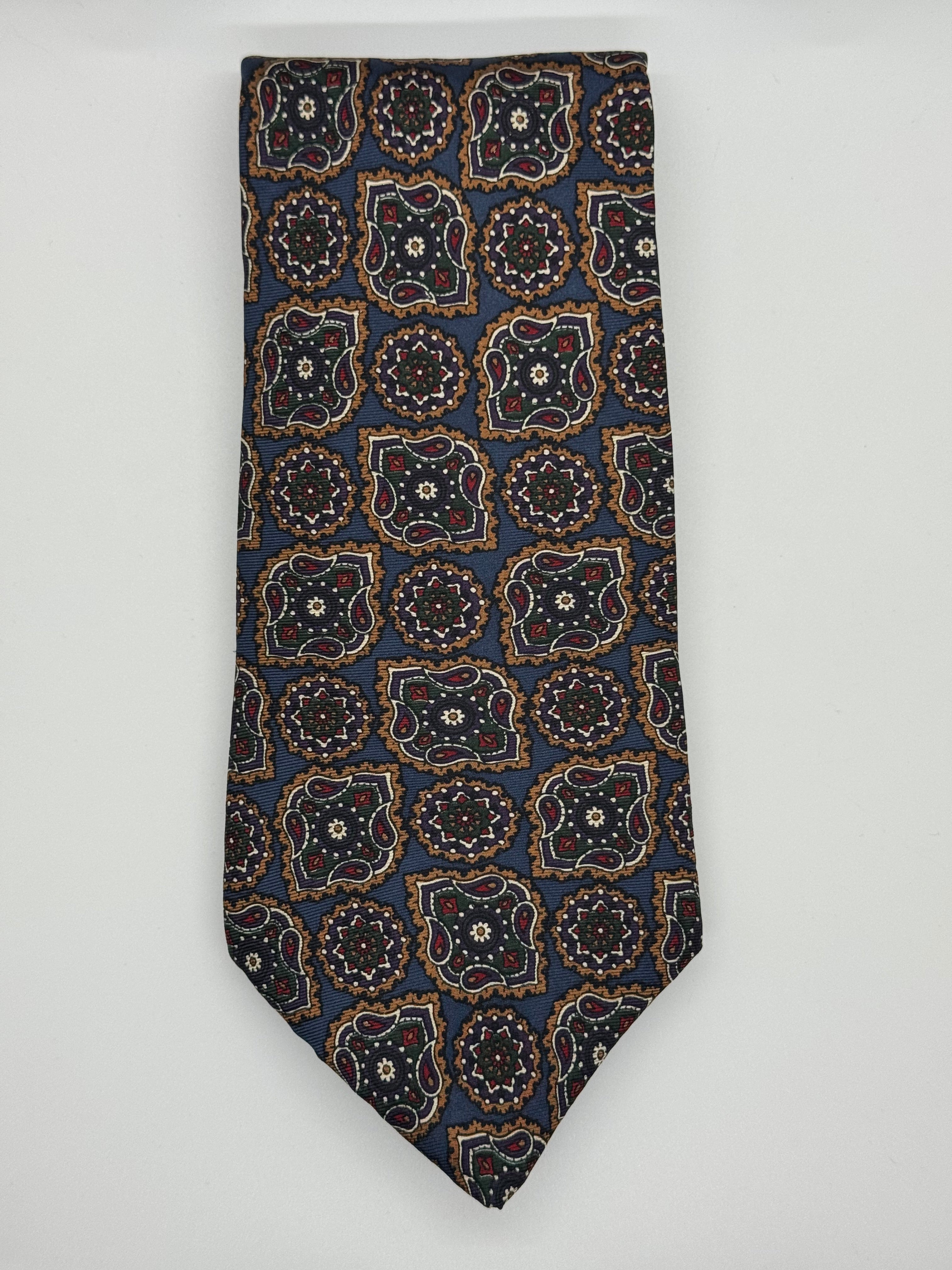 J.G. Hook Vintage Medallion Silk Tie – Navy & Olive Geometric Print