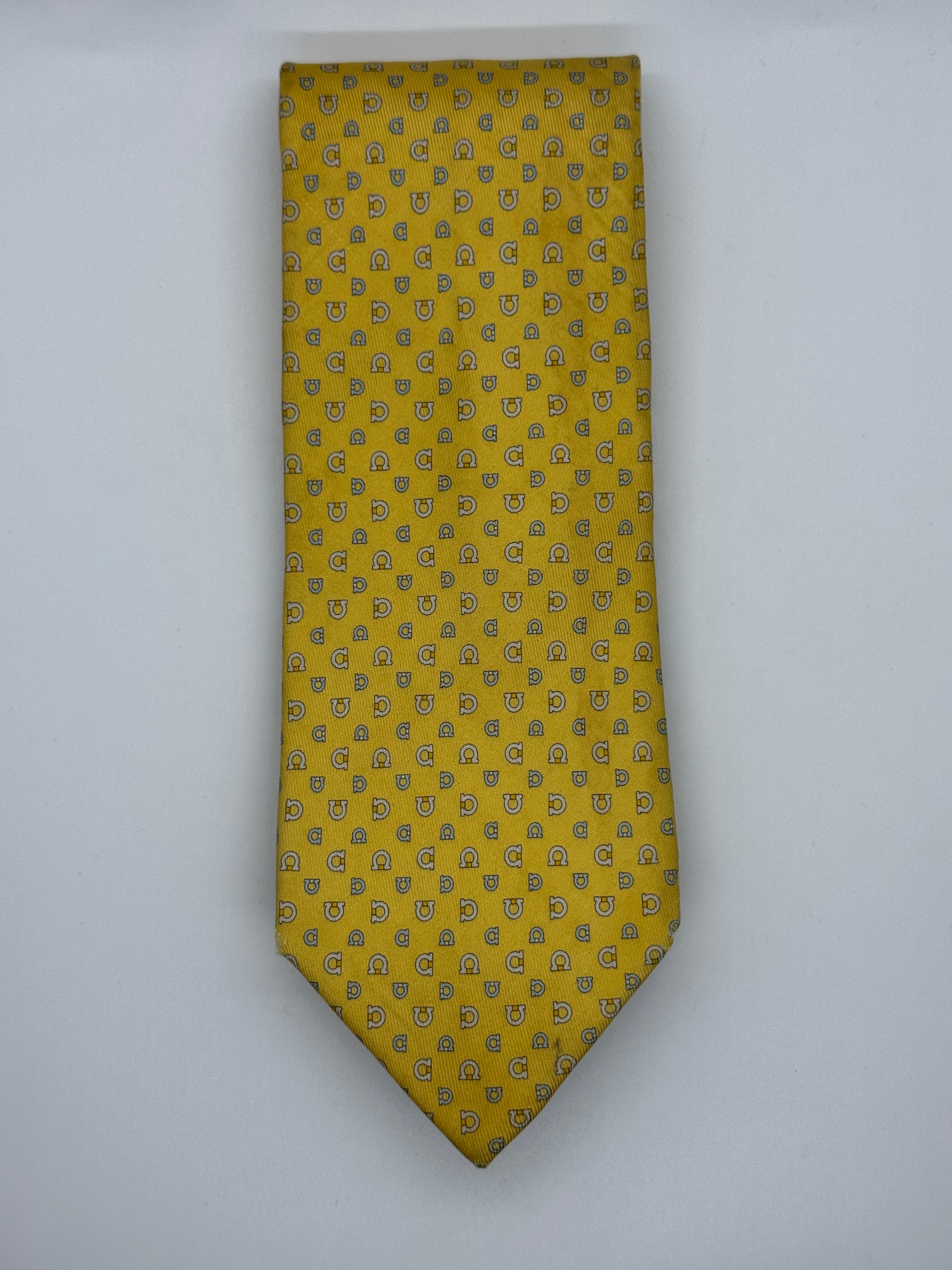 Salvatore Ferragamo Yellow Horseshoe Print Silk Tie