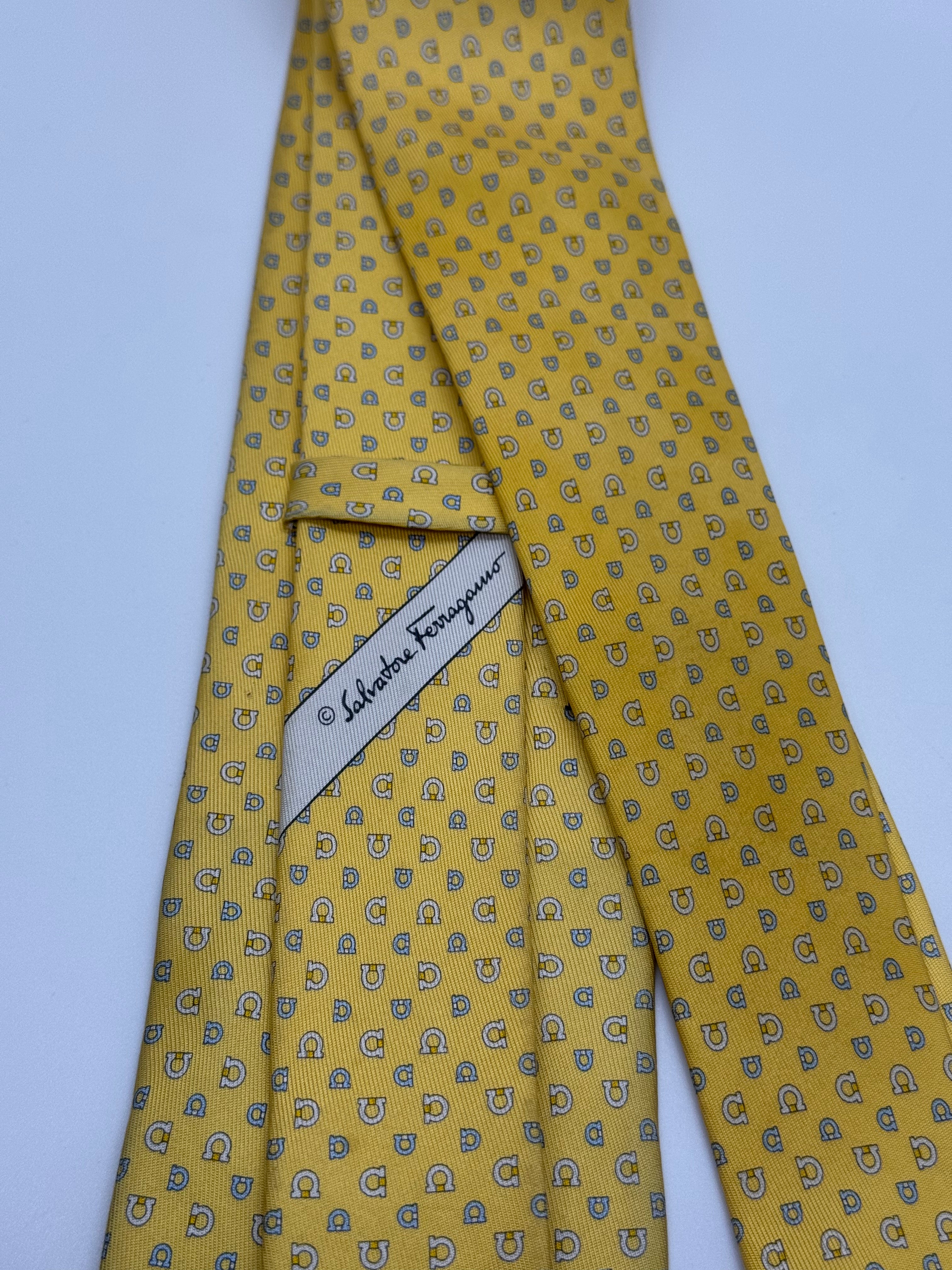 Salvatore Ferragamo Yellow Horseshoe Print Silk Tie