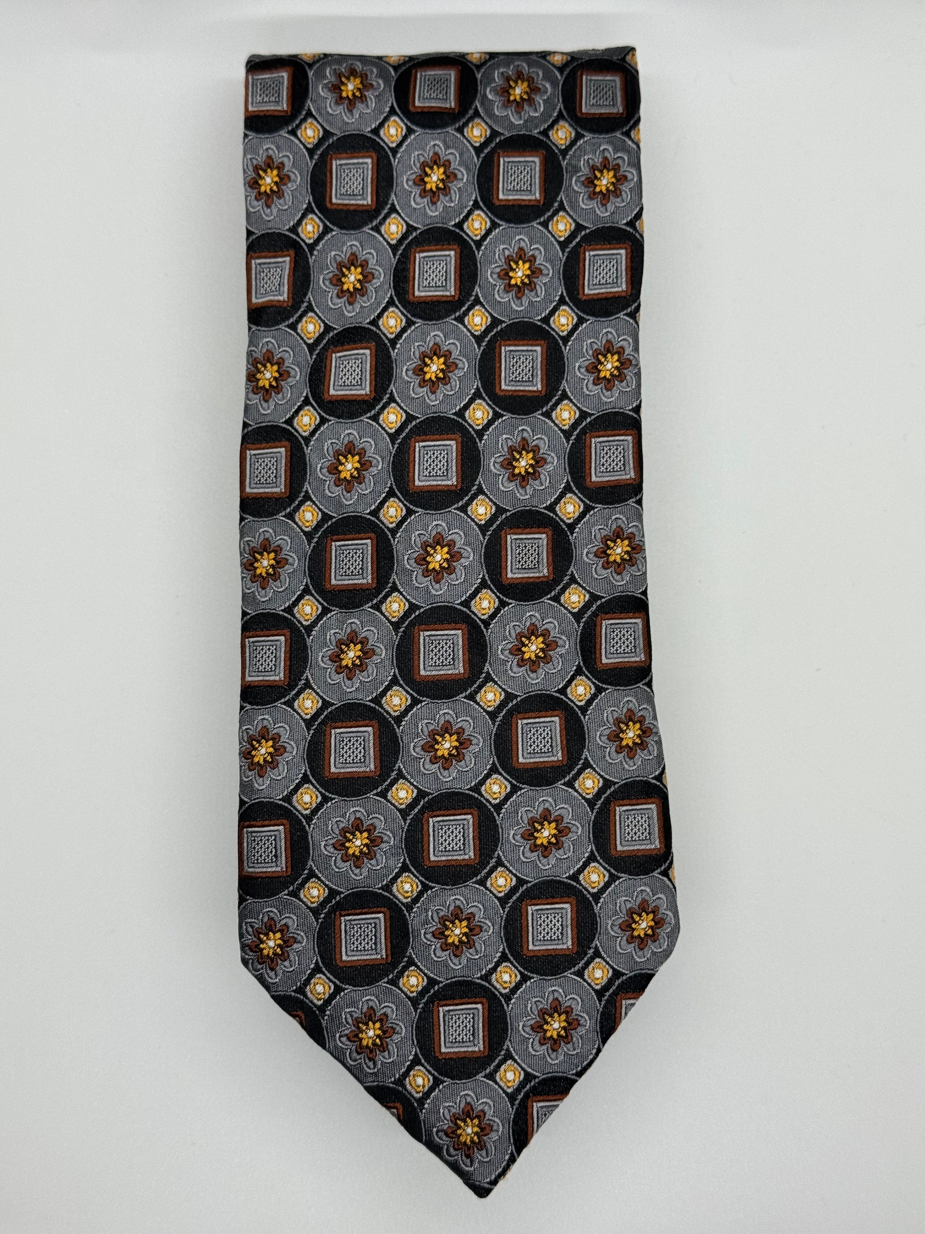 Gallery Collection Geometric Medallion Silk Tie – Gray, Black & Gold