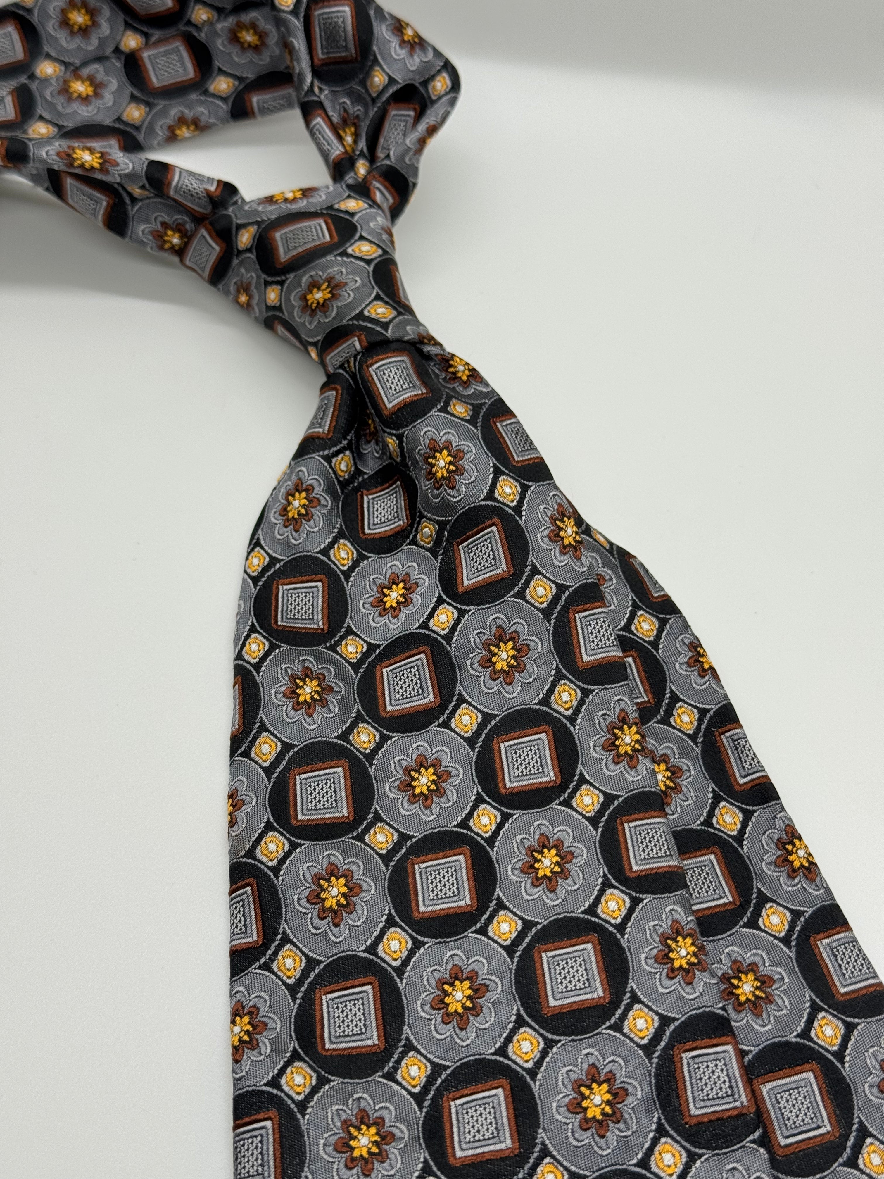 Gallery Collection Geometric Medallion Silk Tie – Gray, Black & Gold