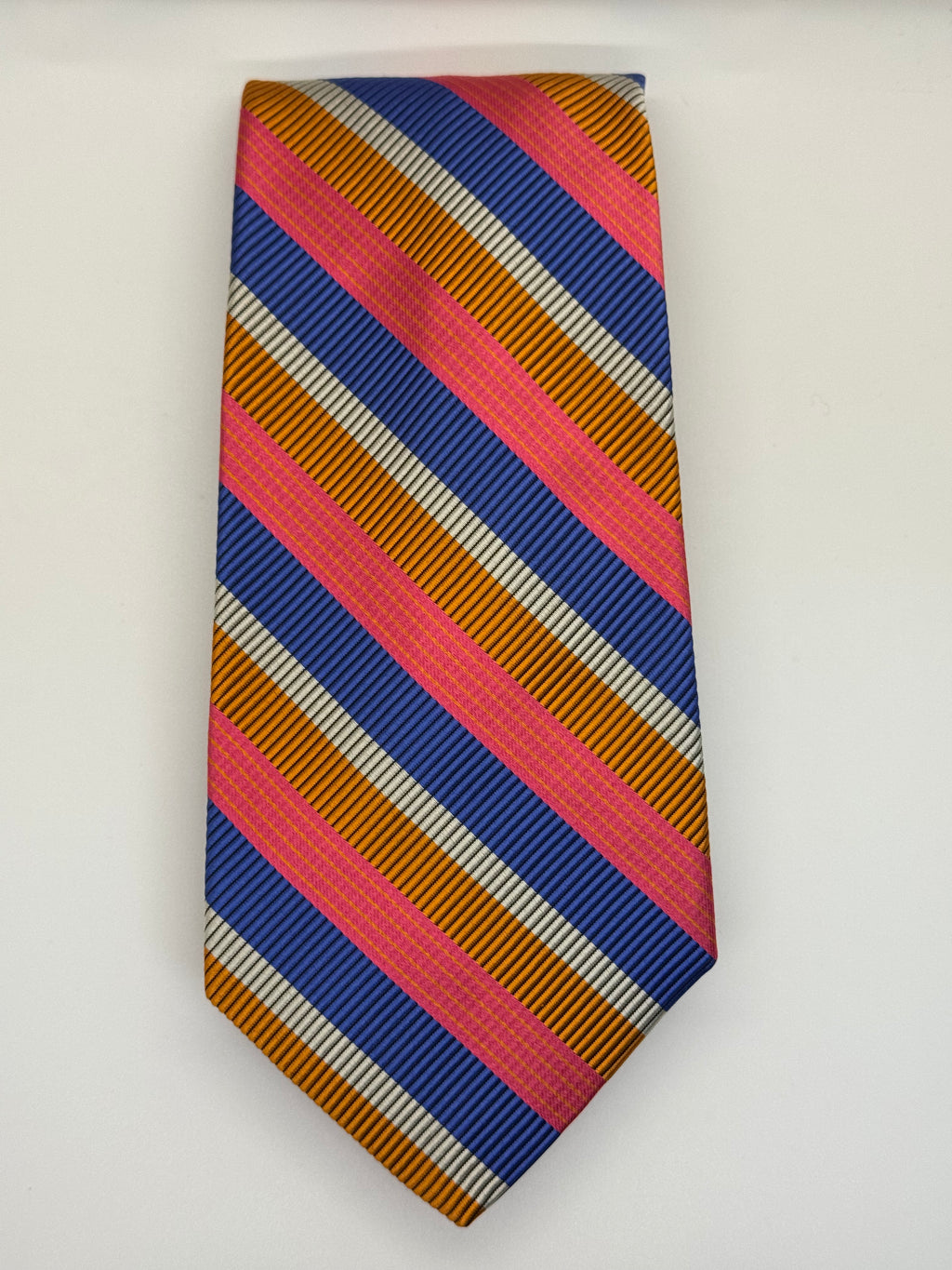 Robert Talbott “Best of Class” Silk Tie – Pink, Orange, Navy & Silver Stripe