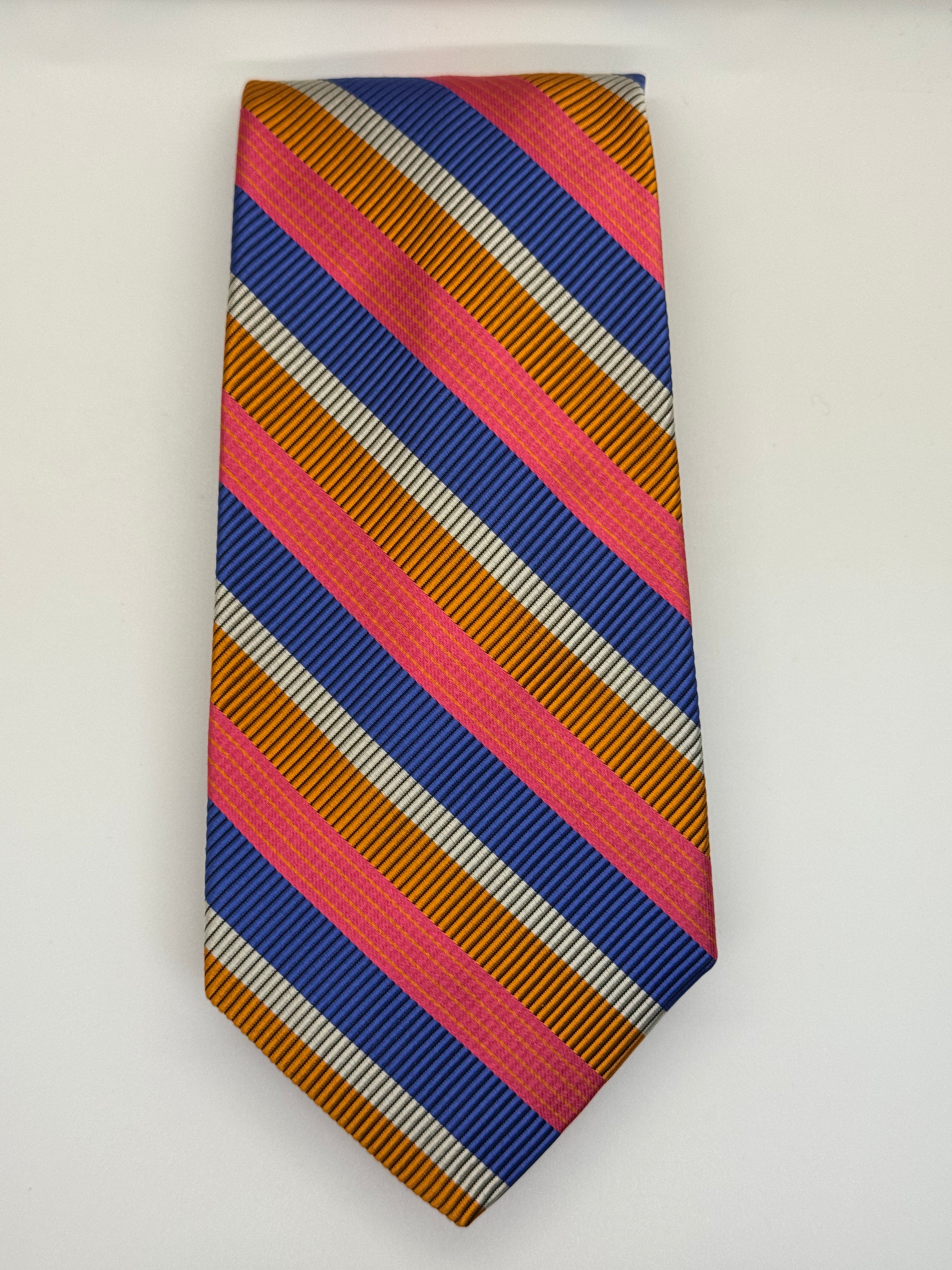 Robert Talbott “Best of Class” Silk Tie – Pink, Orange, Navy & Silver Stripe