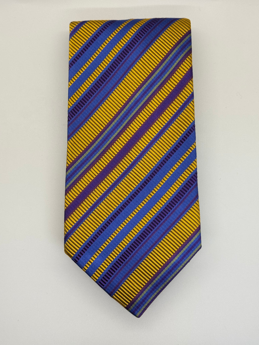 XMI Platinum Silk Tie – Bold Yellow, Purple & Blue Stripe