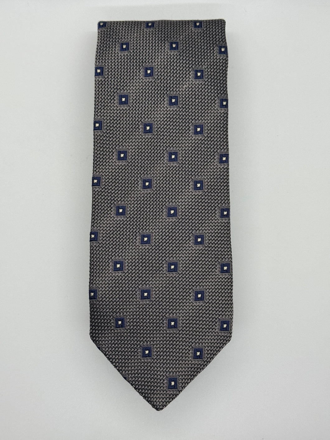 Drake’s London Silk Tie – Grey with Blue Square Motif