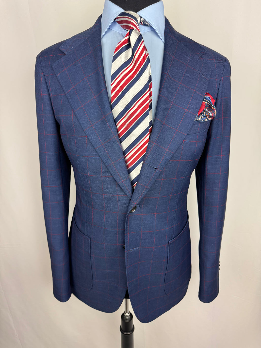 TravelingTieGuy Blue Windowpane Check Suit – Size 40R Jacket / 34R Trousers
